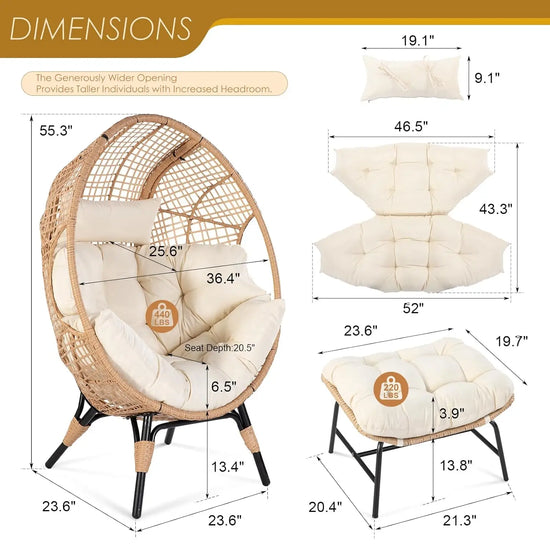 Thick Cushioned Outdoor Egg Chair with Ottoman