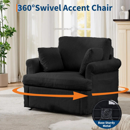 360 Swivel Corduroy Accent Chair with 2 Pillows and Storage Pockets