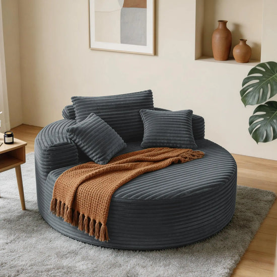 Oversized Round Upholstered Corduroy Chair With 3 Pillows