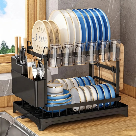 2-Tier Metal Dish Drying Rack with Cutlery Cup & Cutting Board Holder