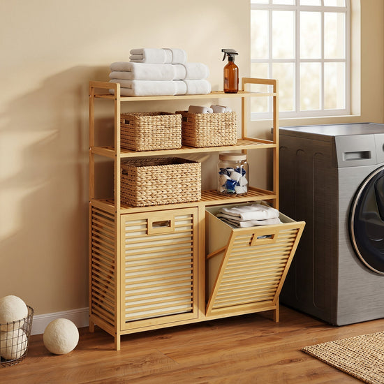 Double Tilt-Out Laundry Hamper with 3 Shelves & Baskets