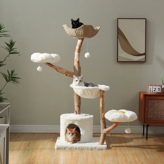 Solid Wood Cat Tree Tower with Flower Perches