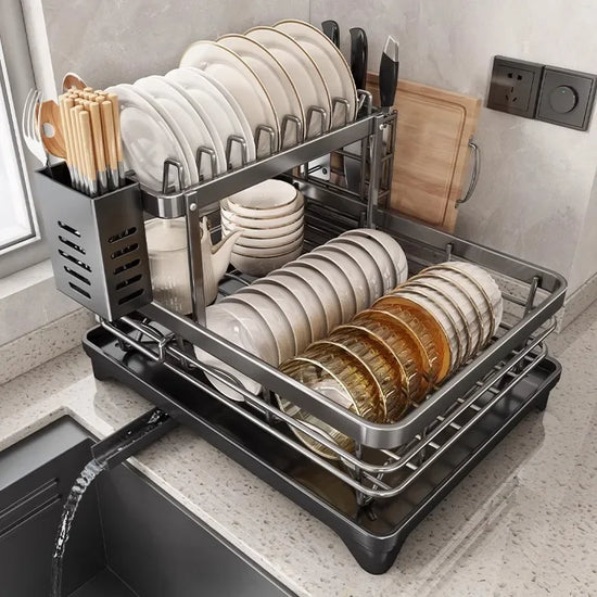 Adjustable Stainless Steel Dish Rack with Drainboard