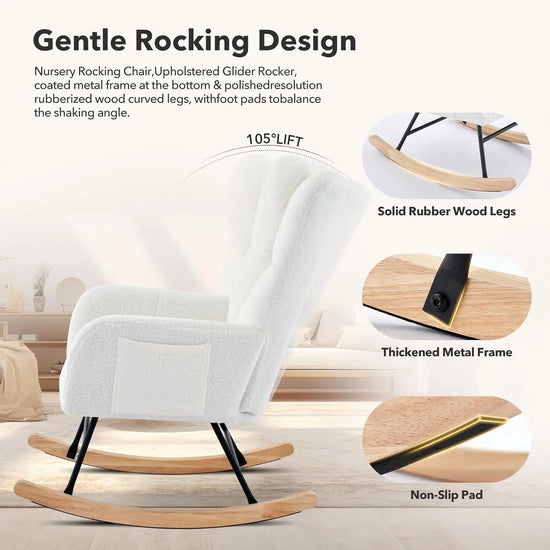 Modern Upholstered High Back Rocking Chair with Side Pocket