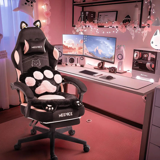 Ergonomic Pink Gaming Chair with Cat Ears and Paw Lumbar Cushion