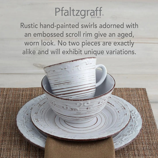 Trellis White 16-Piece Stoneware Dinnerware Set for 4, Distressed Finish, Microwave & Dishwasher Safe