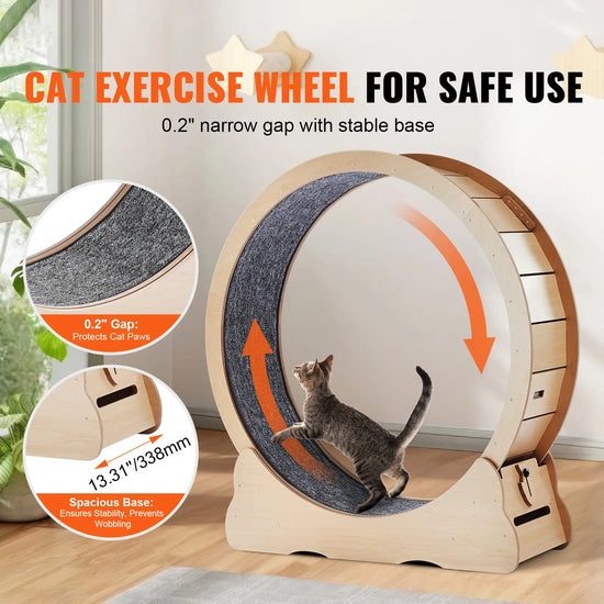 Wooden Cat Exercise Wheel with Detachable Carpet & Cat Teaser