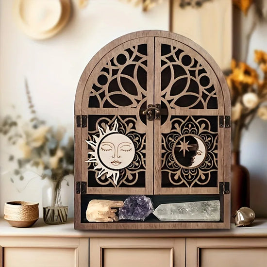 Vintage Wooden Floating Cabinet With Sun And Moon Design