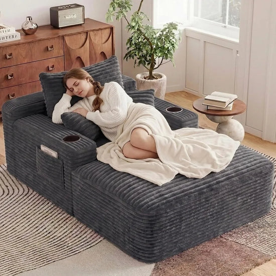 Oversized Boneless Chaise Lounge Chair with Cup Holders, Side Pockets and 3 Pillows