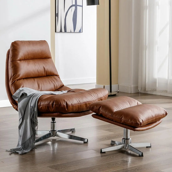 Mid Century Modern Faux Leather Swivel Chair with Ottoman