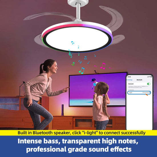 42-Inch Smart Retractable Ceiling Fan and Light with Full-Color RGB Dimming Strip, Bluetooth Speaker, and Convenient Control via App or Remote