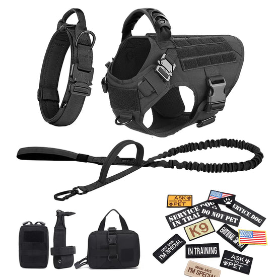 Military Large Dog Harness Collar Leash and Patches Set