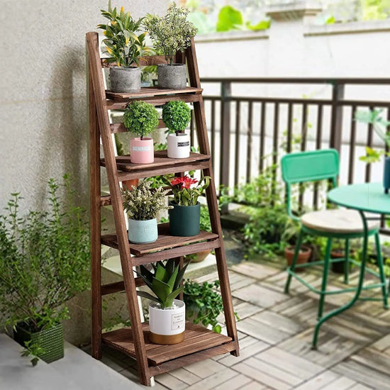 Folding 4 Tier Wooden Ladder Shelf