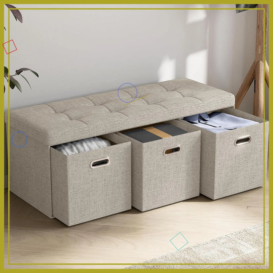 Foldable Storage Ottoman Bench with 3 Drawers