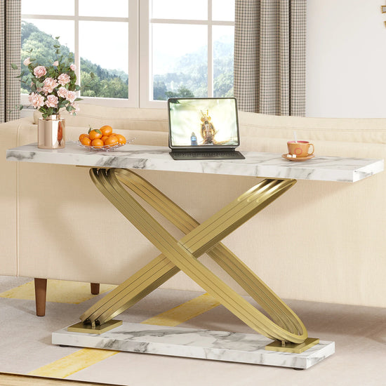55 Inch Modern Entryway Table, Faux Marble and Gold