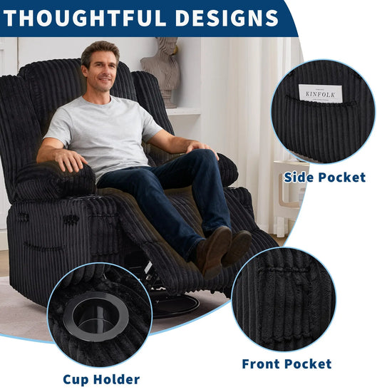 Jumbo Corduroy Swivel Rocking Recliner Chair With Cup Holder