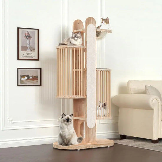 High Wooden Cat Tower with 6 Levels and Washable Cushions