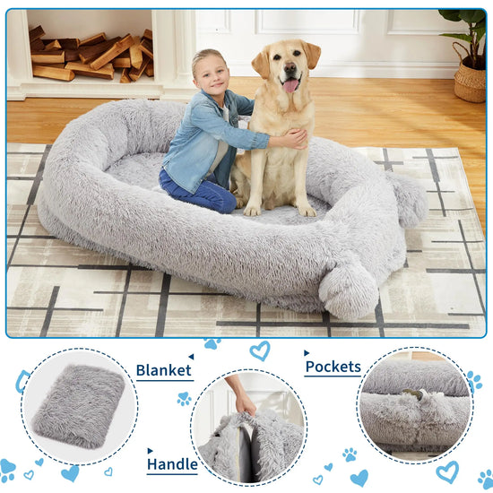 Large Human Dog Bed with Removable Washable Cover and Storage Pockets