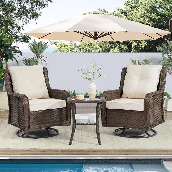 360 Swivel Patio Set 3pc Wicker Rocking Chairs & Side Table