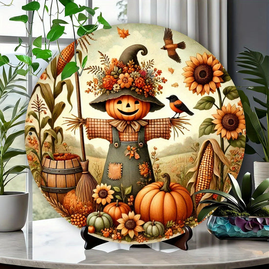 Harvest Sunflower Pumpkin Scarecrow Metal Wall Art