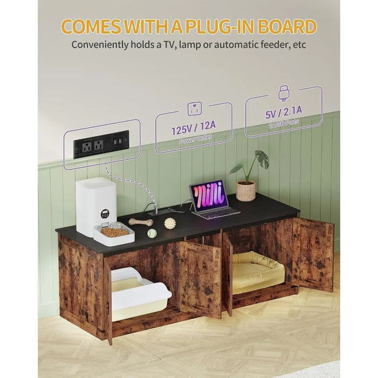 Hidden Litter Box Cabinet with USB & Power Outlets