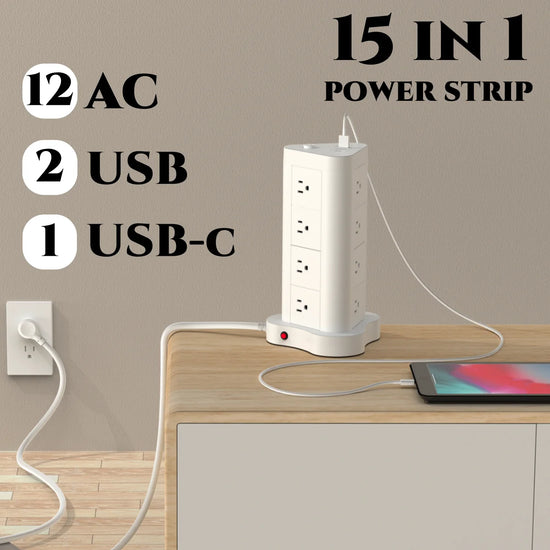 45° Tower Plug with USB/USB-C ports, 12 AC sockets surge protection power strip