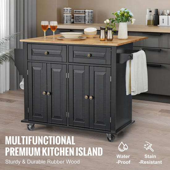 43"Wood Top Kitchen Island Cart with Storage Cabinets and Roll Drop Leaf Spice Rack