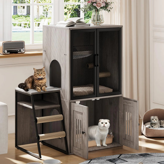 Two Tier Cat Litter Box Encloser Playhouse with Sisal Ladder