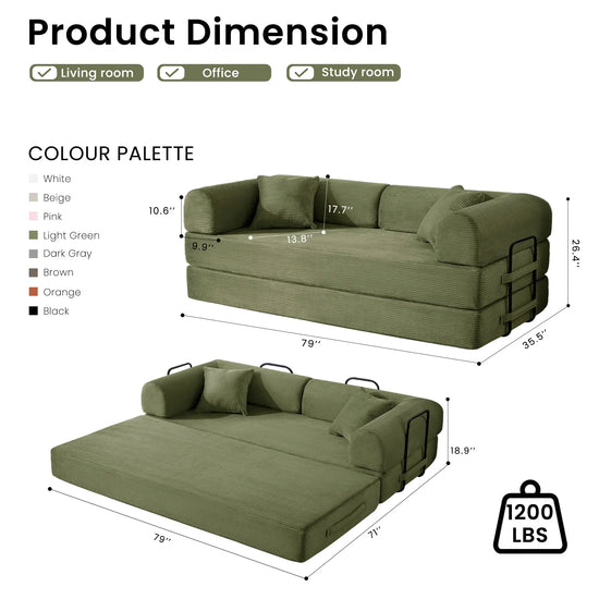 Folding Convertible Sofa Bed Corduroy Upholstered Boneless Couch