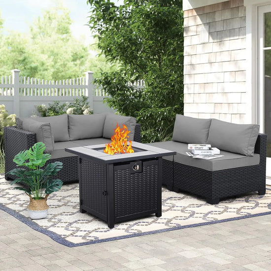 5 Piece Black Rattan Sectional Sofa Set with Propane Fire Pit Table
