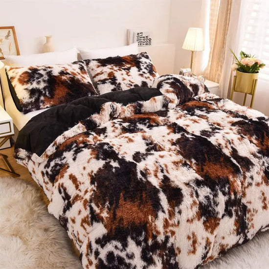 Fluffy Velvet Cow Print Duvet Cover with Pillowcases