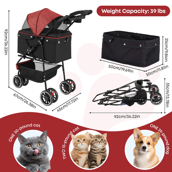 Pet Stroller For Small Medium Cats & Dogs