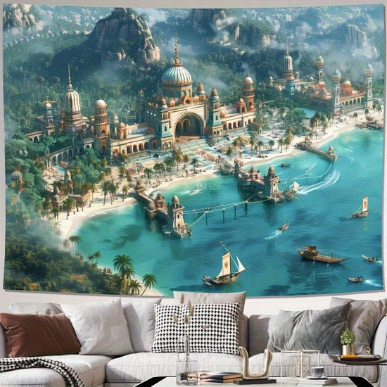 Ancient City with Scenic Ocean View Tapestry Wall Hanging