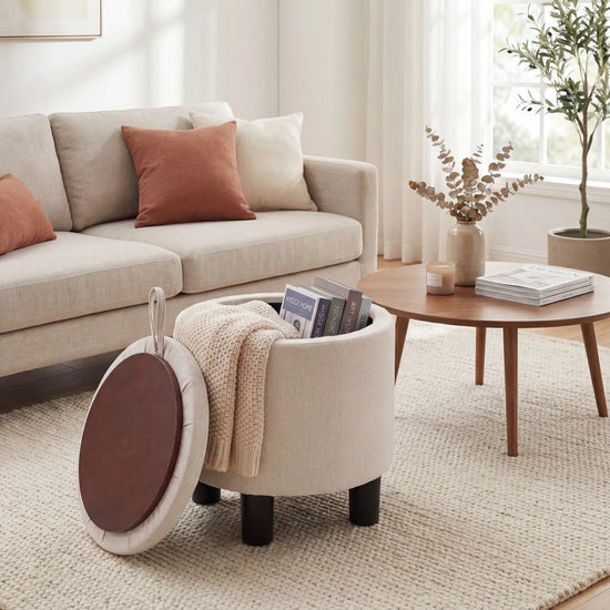 Linen Cloth Round Storage Ottoman
