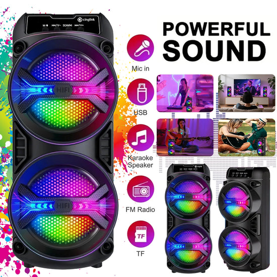 Portable Wireless Bluetooth Speaker with Microphone and Multi-mode Lights. Supports TF card, USB Type-C port and FM radio.