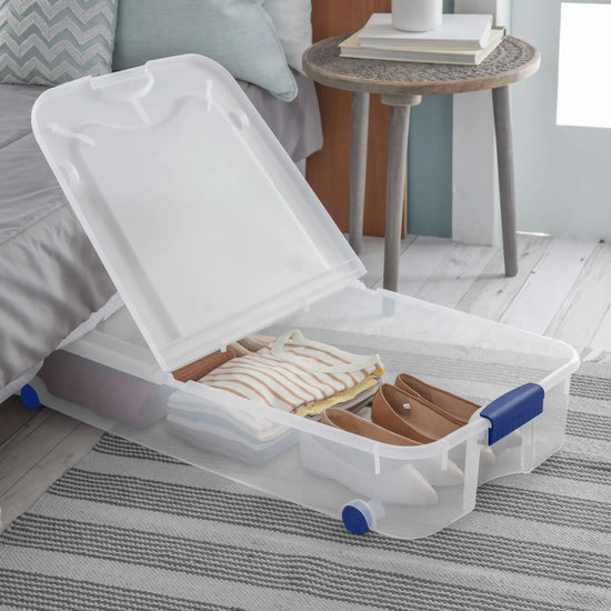 Clear Plastic Latching Underbed Wheeled Storage Bin
