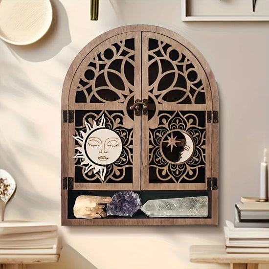 Vintage Wooden Floating Cabinet With Sun And Moon Design