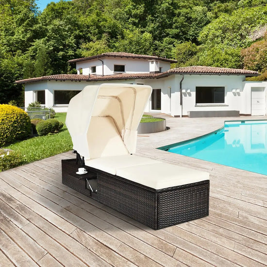 Top Canopy Patio Rattan Lounge Chair Chaise with Tea Table
