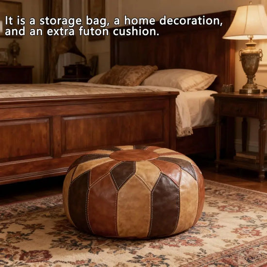 Moroccan Faux Leather Pouf Ottoman with Storage