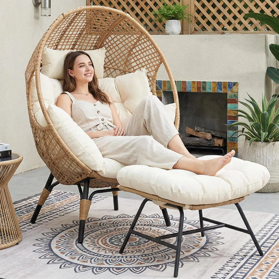 Thick Cushioned Outdoor Egg Chair with Ottoman