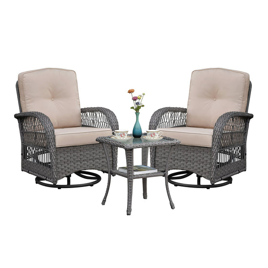 3 Pieces Conversation Set, Outdoor Wicker Rocker Swivel Patio Bistro Set, Rocking Chair with Glass Top Side Table, Grey